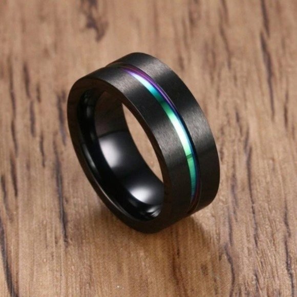 Titanium Black Rainbow 8mm Wide Men's Wedding Band - Picture 2 of 5